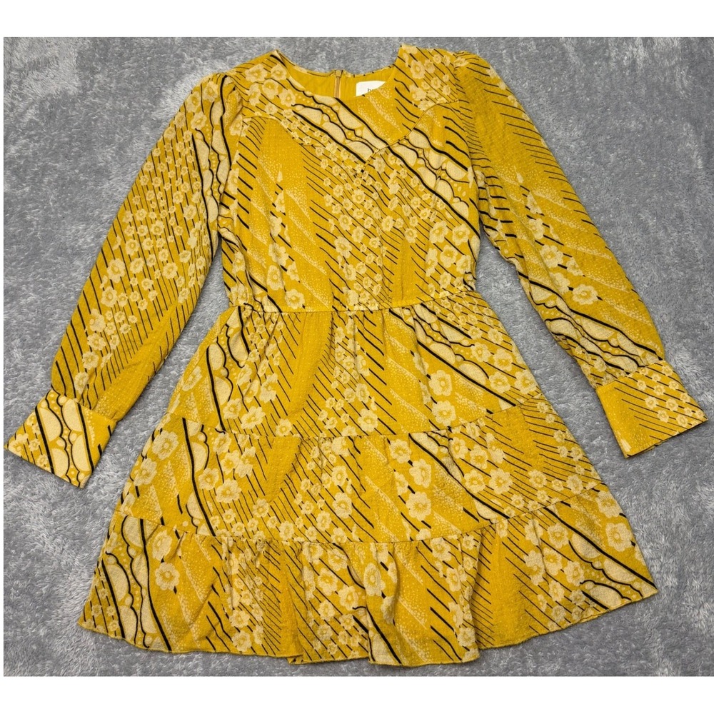 Ba&Sh Ophe Womens Mini Dress Size 1 US 6 Yellow Mustard Long Sleeve Tiered Fall
